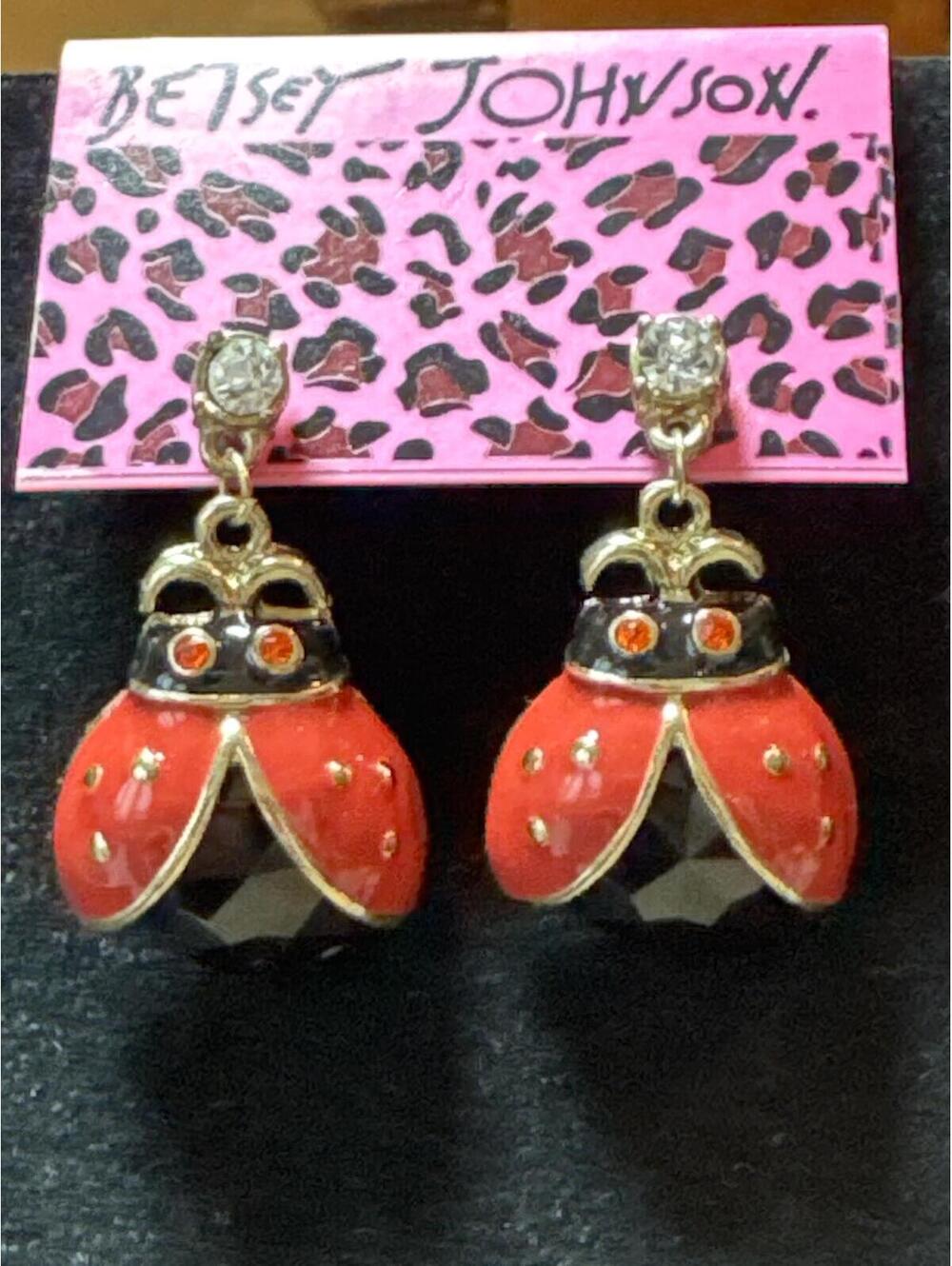 Betsey Johnson Ladybug Dangle Earrings Red Black Goldtone